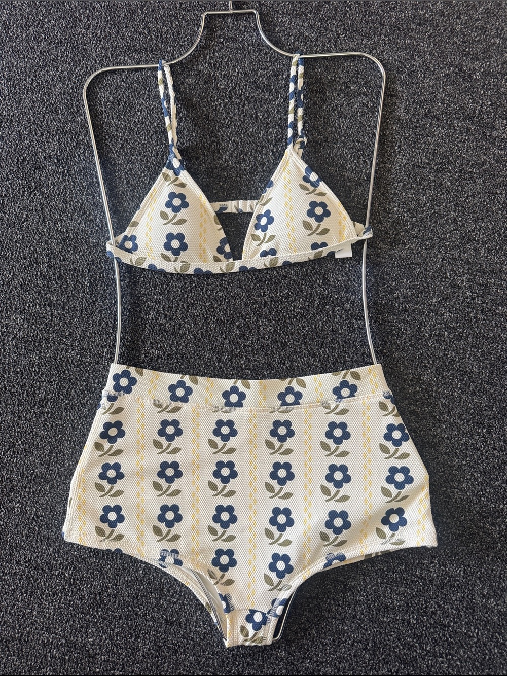 Floral High-Waist Bikini Set in Cream and Blue
